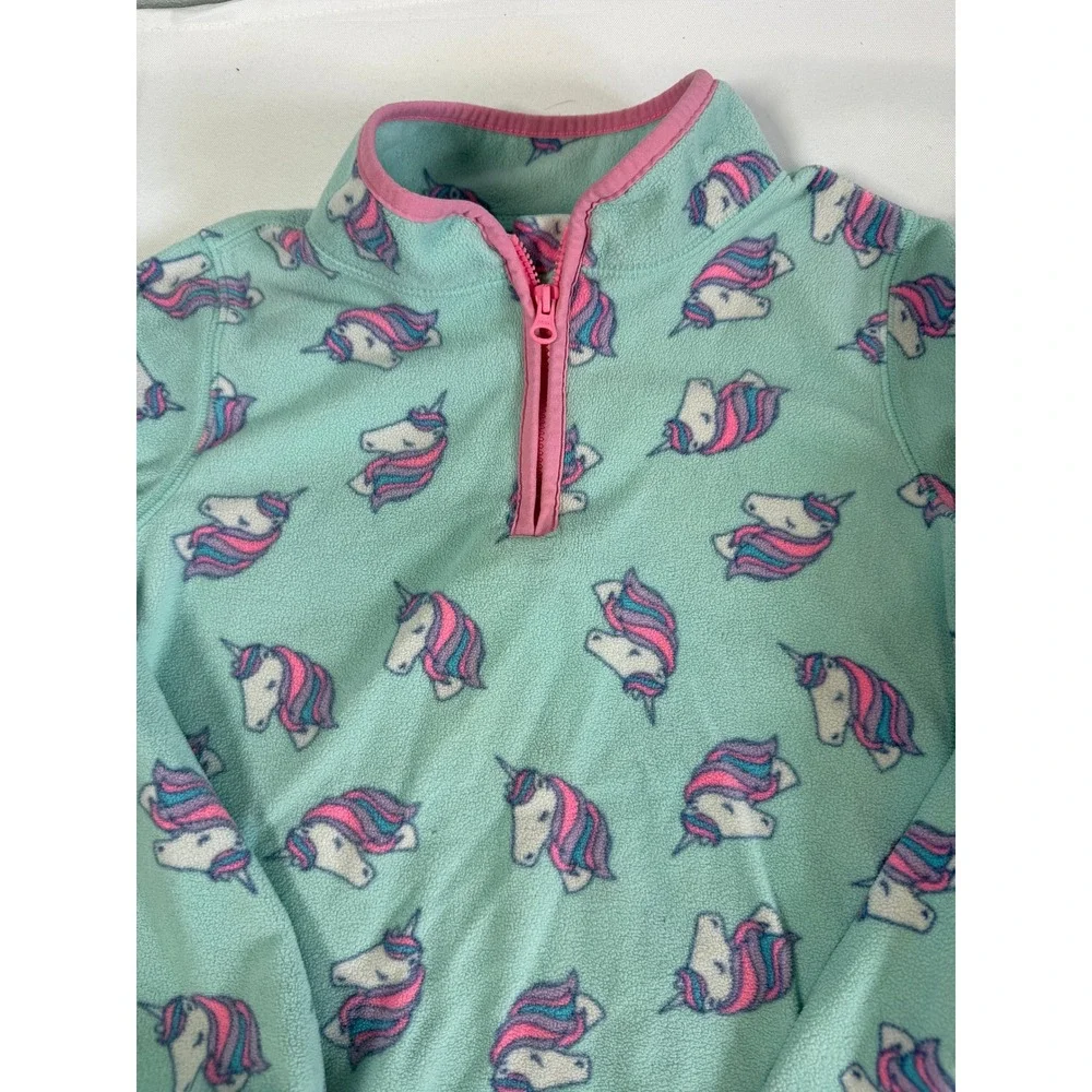Oshkosh B'Gosh Girls Fleece Pullover 6X Aqua Blue Unicorn Print Quarter Zip Fall